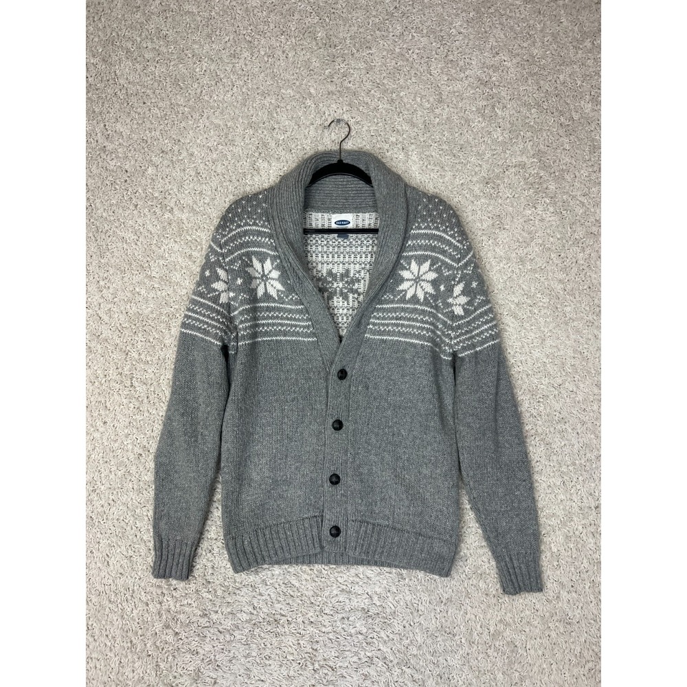 Old Navy Cardigan Medium Gray Fair Isle Shawl Collar Grandpa Cabincore Old Money